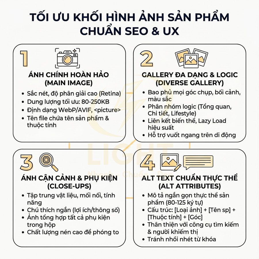 Hướng dẫn tối ưu hình ảnh sản phẩm chuẩn SEO và UX với ảnh chính, gallery, cận cảnh phụ kiện và alt text chi tiết
