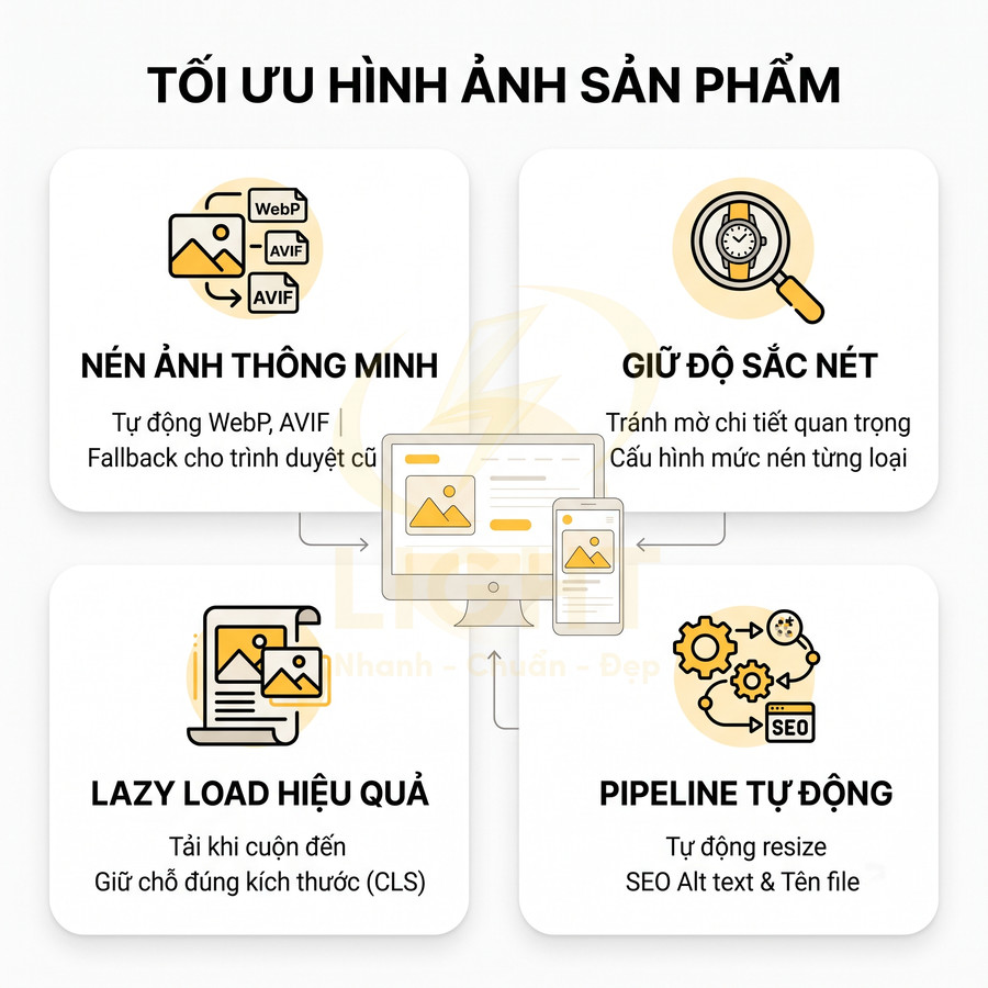 Mô tả các bước tối ưu hình ảnh sản phẩm: nén ảnh thông minh, giữ độ sắc nét, lazy load và pipeline tự động