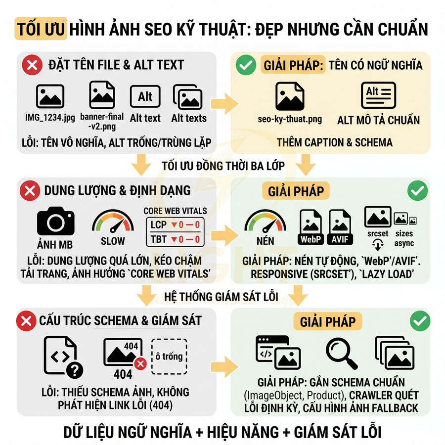 Hướng dẫn tối ưu kỹ thuật SEO hình ảnh với đặt tên file, alt text, định dạng, nén ảnh và schema giám sát lỗi