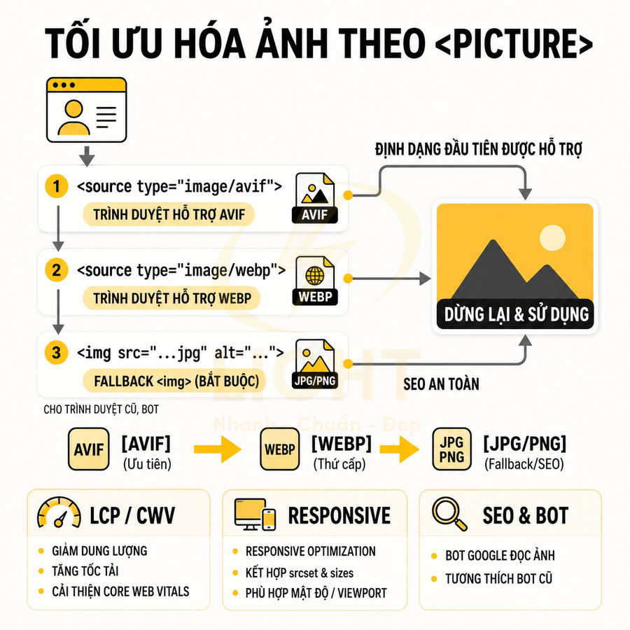 Hướng dẫn tối ưu hóa ảnh web bằng thẻ picture với định dạng AVIF WebP JPG PNG cho tốc độ tải và SEO