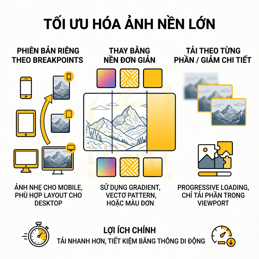 Hướng dẫn tối ưu hóa ảnh nền lớn cho web với phiên bản responsive, nền đơn giản và tải ảnh theo từng phần