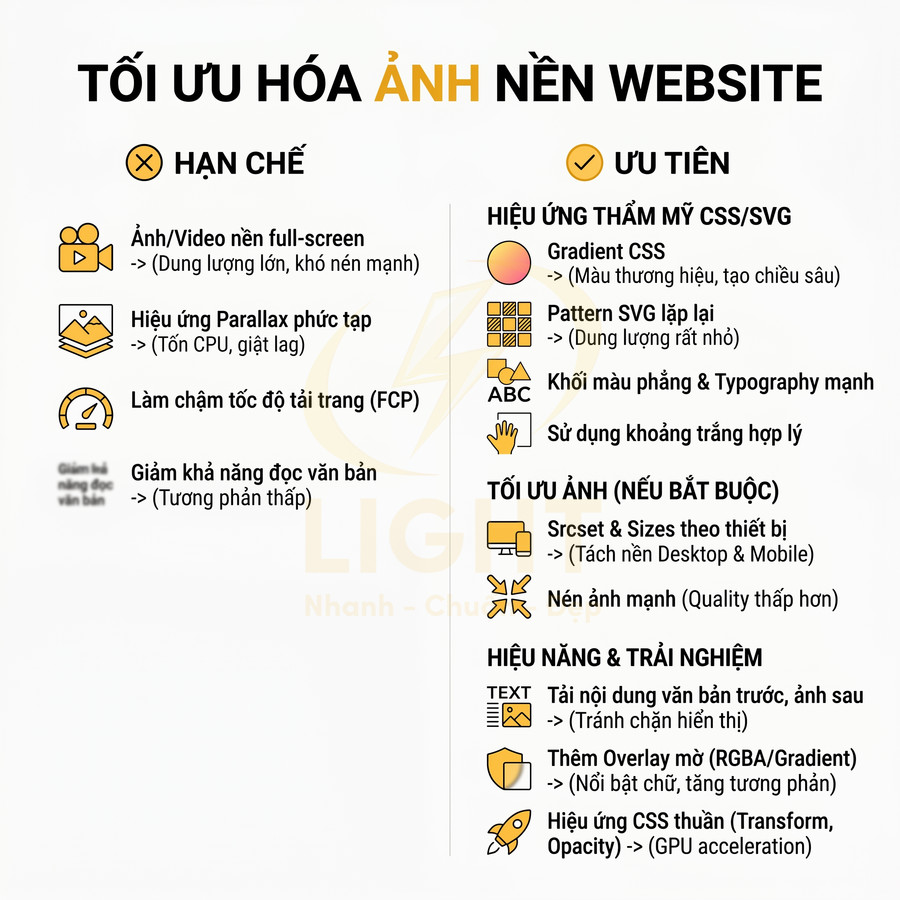 Infographic hướng dẫn tối ưu hóa ảnh nền website với các mục hạn chế và ưu tiên chi tiết
