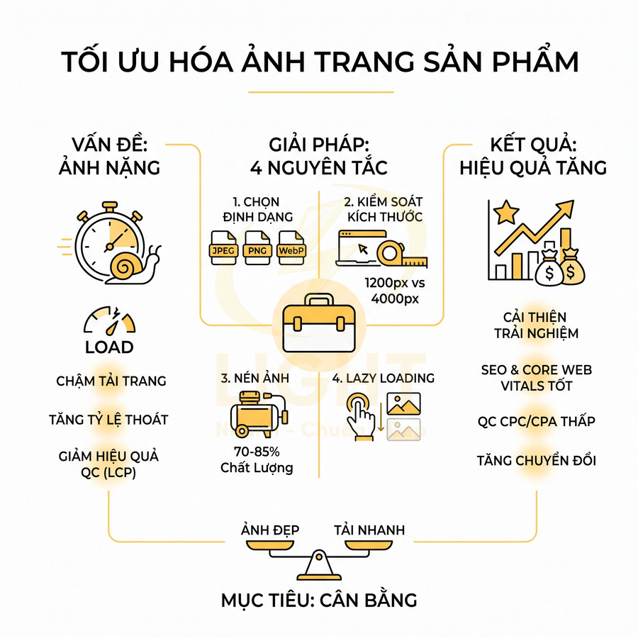 Infographic tối ưu hóa ảnh trang sản phẩm với 4 nguyên tắc nén ảnh, chọn định dạng, lazy loading và kiểm soát kích thước