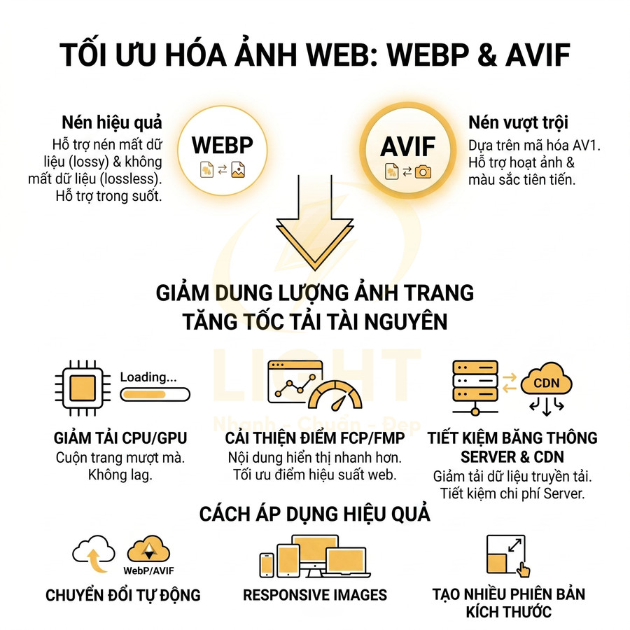 Infographic tối ưu hóa ảnh web với định dạng WebP và AVIF giúp giảm dung lượng và tăng tốc tải trang