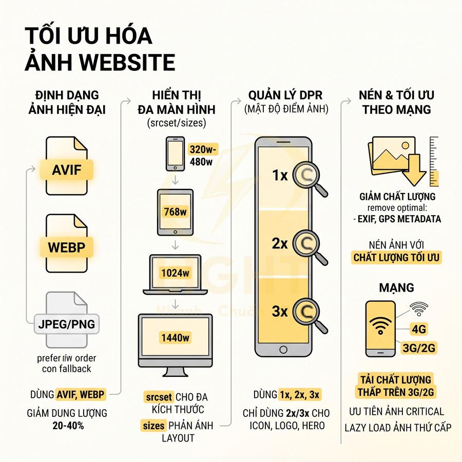 Hướng dẫn tối ưu hóa ảnh website với định dạng AVIF WebP, hiển thị đa màn hình và nén ảnh theo chất lượng mạng