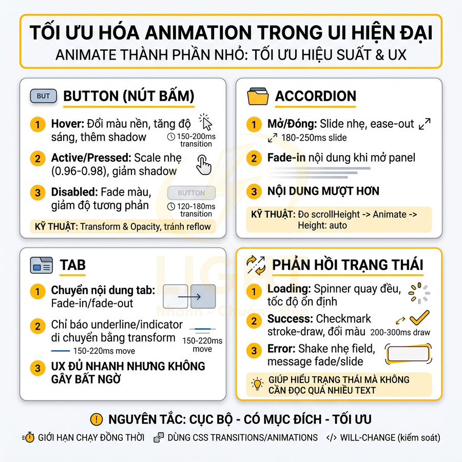 Infographic tối ưu hóa animation UI hiện đại cho button, accordion, tab và phản hồi trạng thái trong thiết kế web