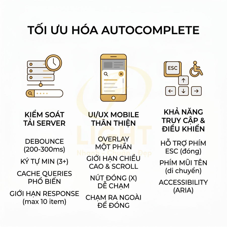 Minh họa các nguyên tắc tối ưu hóa autocomplete về tải server, UIUX mobile và khả năng truy cập bàn phím