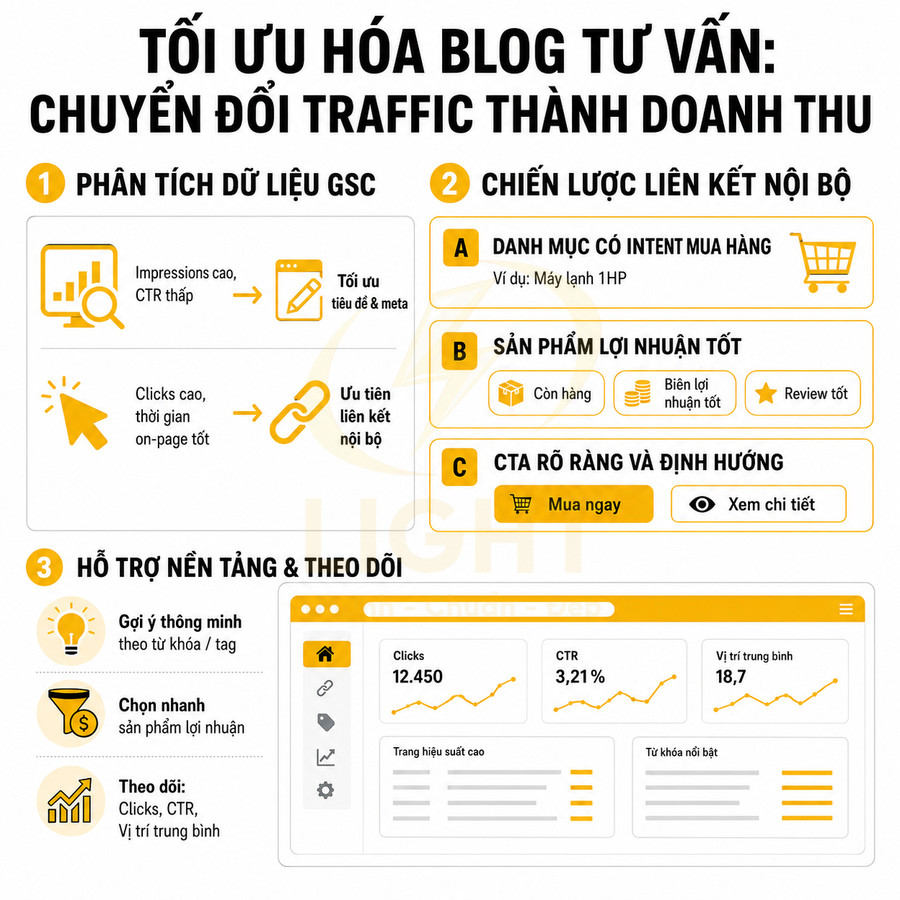 Infographic tối ưu hóa blog tư vấn để chuyển đổi traffic thành doanh thu với phân tích GSC và chiến lược liên kết nội bộ