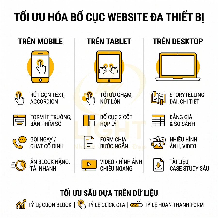 Infographic tối ưu hóa bố cục website đa thiết bị cho mobile, tablet, desktop với gợi ý nội dung và trải nghiệm người dùng