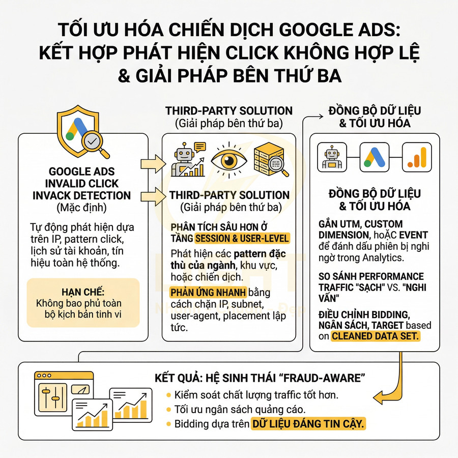Infographic tối ưu hóa chiến dịch Google Ads bằng phát hiện click không hợp lệ và giải pháp bên thứ ba