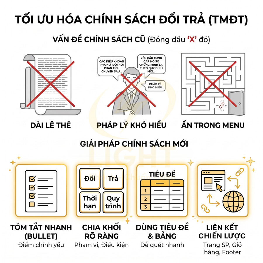 Infographic tối ưu hóa chính sách đổi trả TMĐT với vấn đề cũ và giải pháp trình bày mới rõ ràng