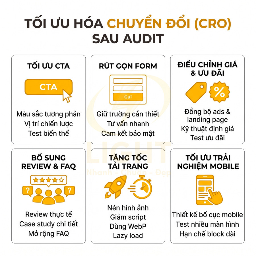 Infographic tối ưu hóa chuyển đổi CRO sau audit với các bước tối ưu CTA, form, giá ưu đãi, review, tốc độ tải và trải nghiệm mobile