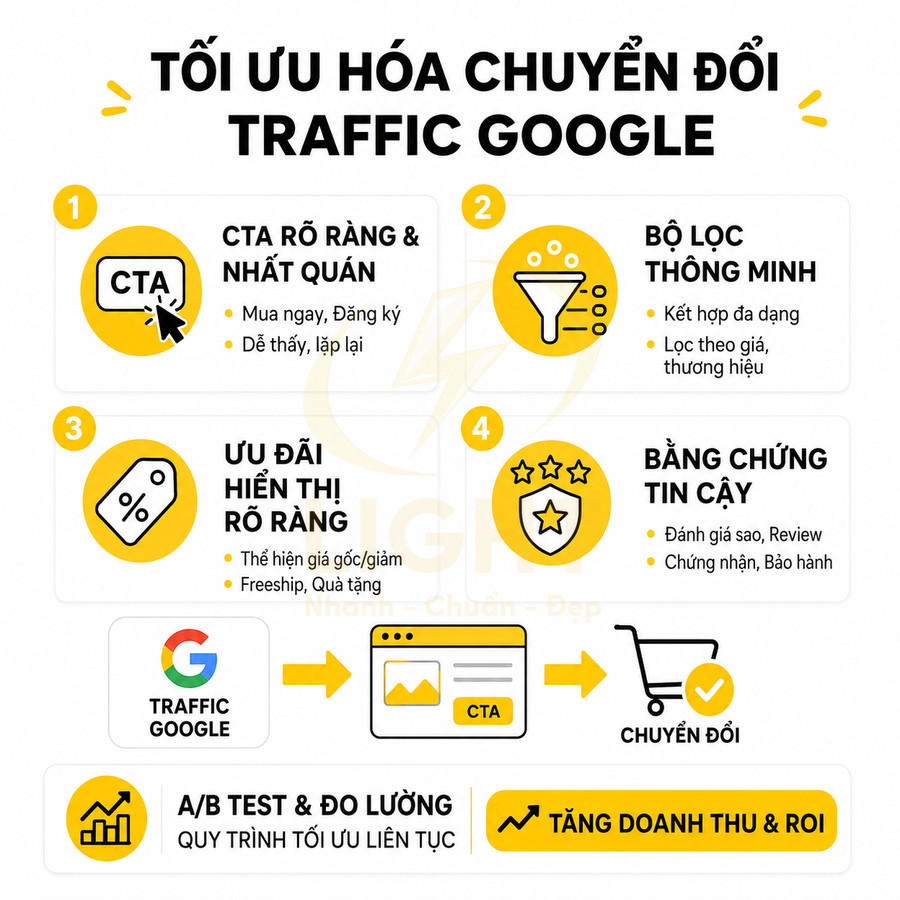 Hướng dẫn tối ưu hóa chuyển đổi traffic Google với CTA rõ ràng, bộ lọc thông minh, ưu đãi và bằng chứng tin cậy