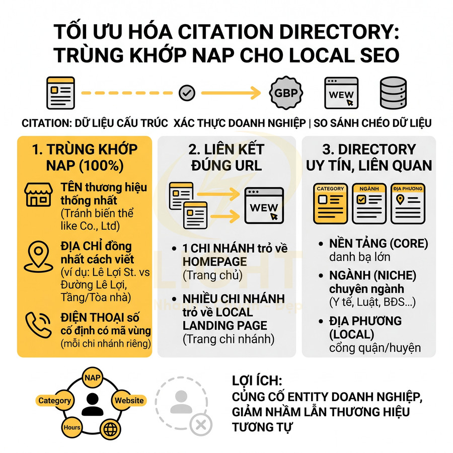 Infographic tối ưu hóa citation directory và trùng khớp NAP để cải thiện hiệu quả local SEO cho doanh nghiệp