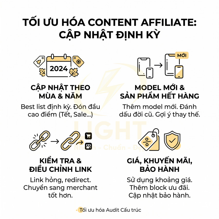 Infographic tối ưu hóa content affiliate với các bước cập nhật định kỳ, kiểm tra link, giá và model sản phẩm mới