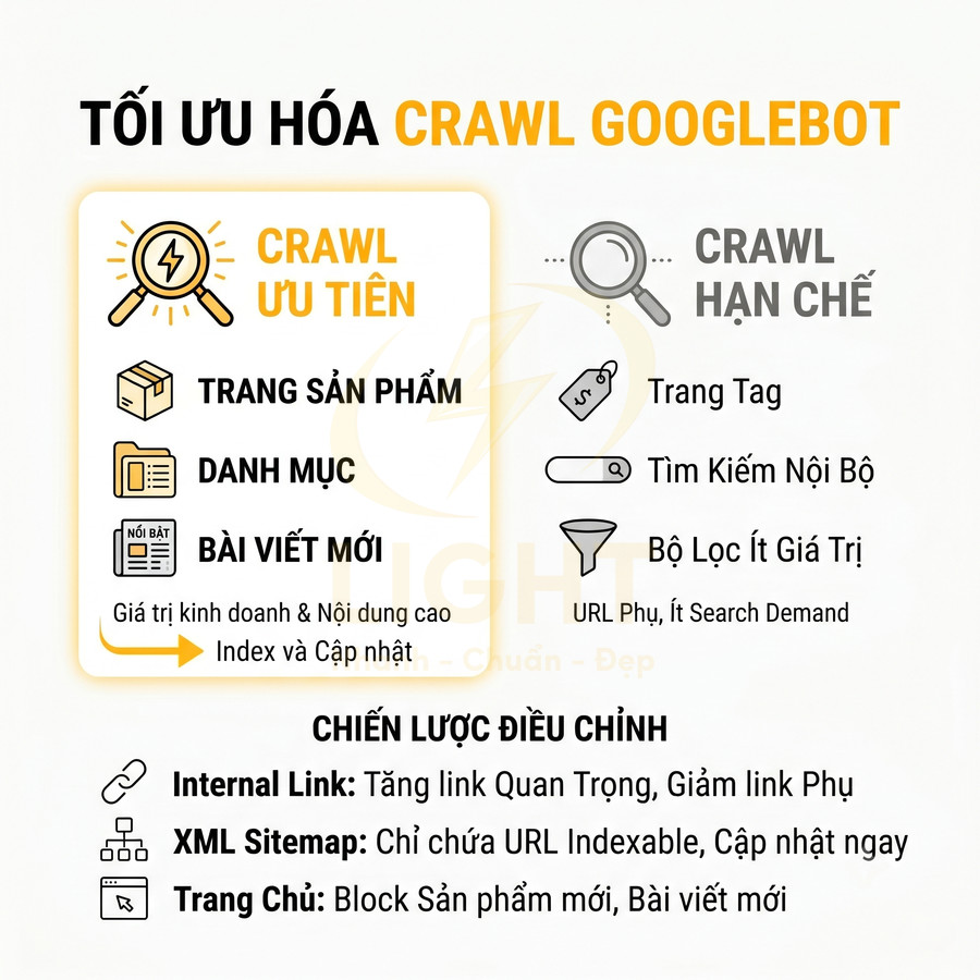 Infographic tối ưu hóa crawl Googlebot với ưu tiên trang sản phẩm, danh mục, bài viết mới và chiến lược internal link, sitemap