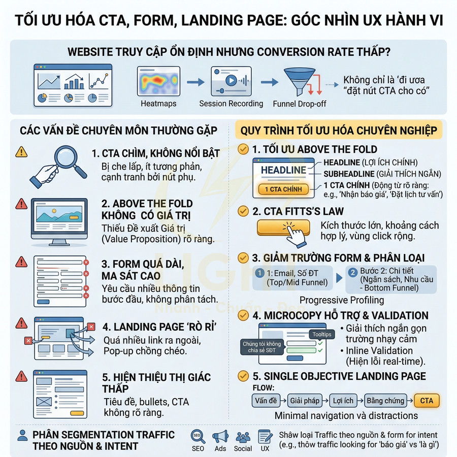 Infographic tối ưu hóa CTA form landing page với quy trình UX hành vi và các vấn đề thường gặp trên website