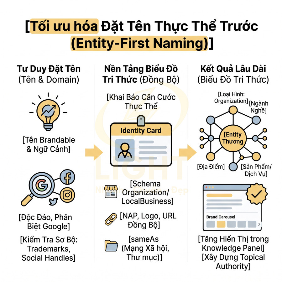 Infographic tối ưu hóa đặt tên thực thể Entity First Naming cho thương hiệu và doanh nghiệp trên Google
