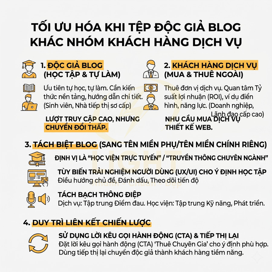 Hướng dẫn tối ưu hóa blog khi tệp độc giả khác nhóm khách hàng dịch vụ, nêu 4 bước và các gợi ý chiến lược