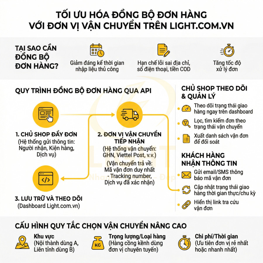 Infographic quy trình đồng bộ đơn hàng với đơn vị vận chuyển qua API trên Light.com.vn