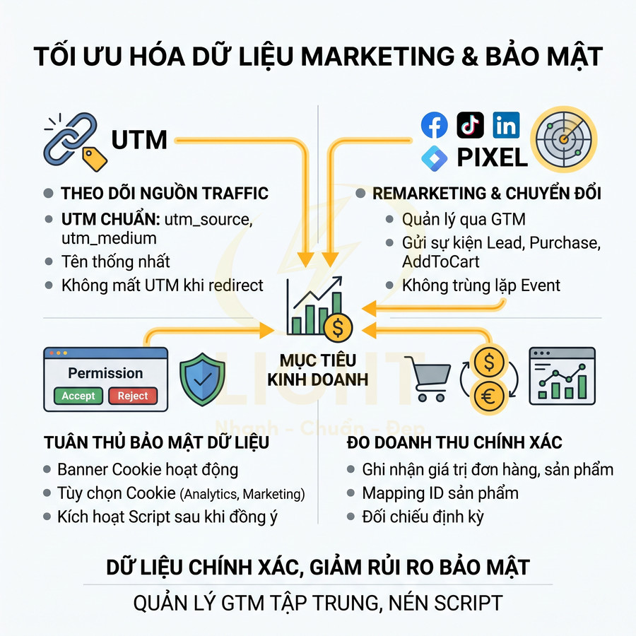 Infographic tối ưu hóa dữ liệu marketing và bảo mật với UTM, pixel, đo doanh thu và tuân thủ cookie