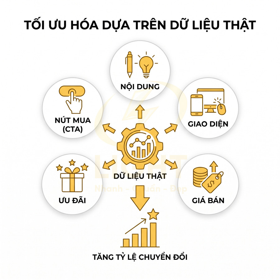 Mô hình tối ưu hóa chuyển đổi dựa trên dữ liệu thật gồm nội dung, giao diện, nút mua, ưu đãi và giá bán