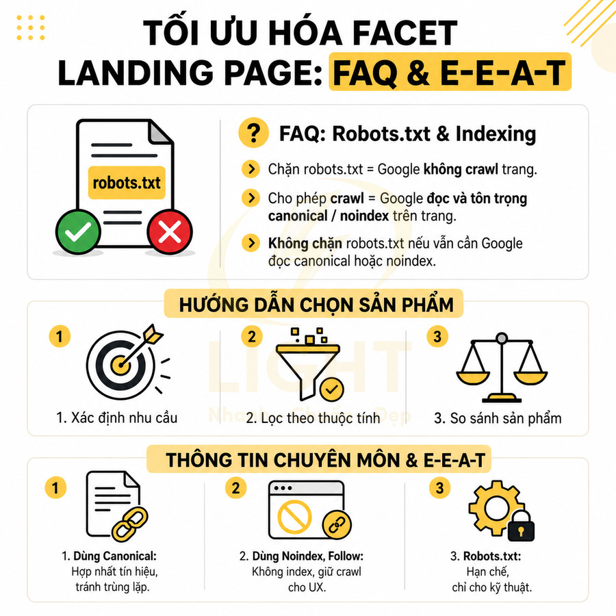 Infographic tối ưu hóa facet landing page với hướng dẫn robots.txt, chọn sản phẩm và thông tin E-E-A-T cho SEO