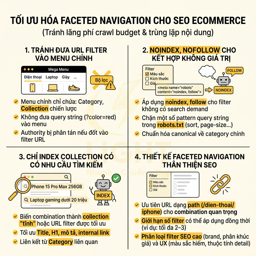 Hướng dẫn tối ưu hóa faceted navigation cho SEO ecommerce với ví dụ menu bộ lọc sản phẩm và các bước noindex, index, thiết kế filter