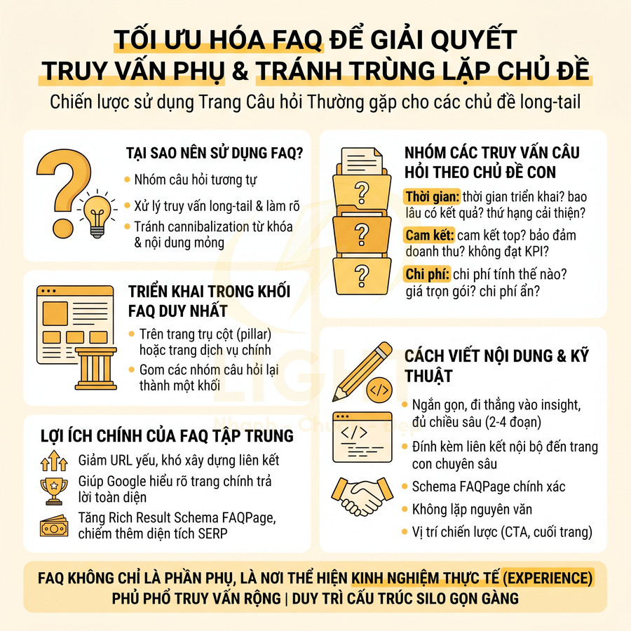 Infographic hướng dẫn tối ưu hóa trang FAQ để xử lý truy vấn phụ, tránh trùng lặp chủ đề và tăng hiệu quả SEO