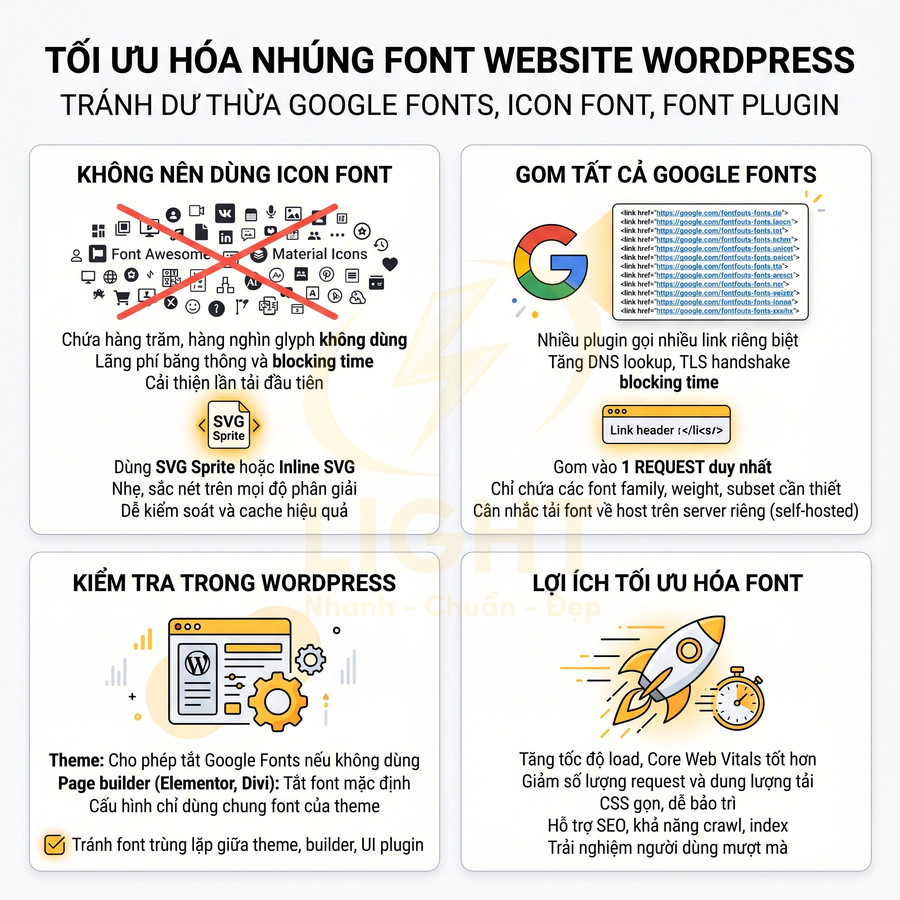 Hướng dẫn tối ưu hóa font cho website WordPress, tránh dư thừa Google Fonts, icon font và font plugin