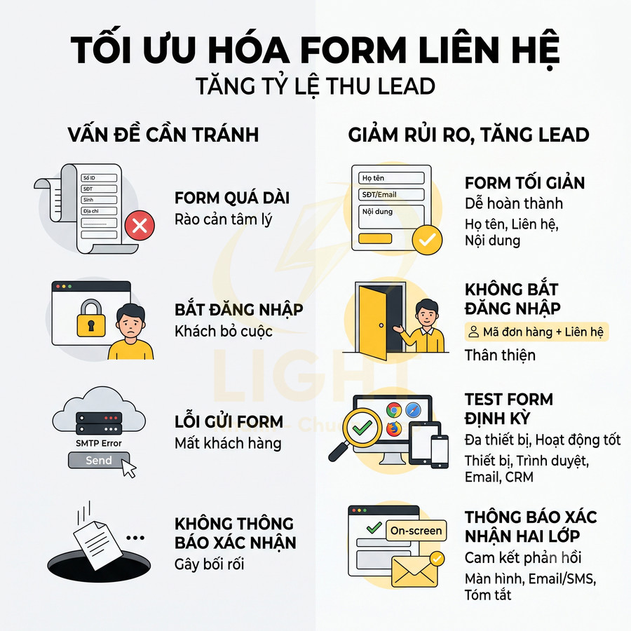 Infographic tối ưu hóa form liên hệ, liệt kê lỗi thường gặp và cách giảm rủi ro để tăng tỷ lệ thu lead