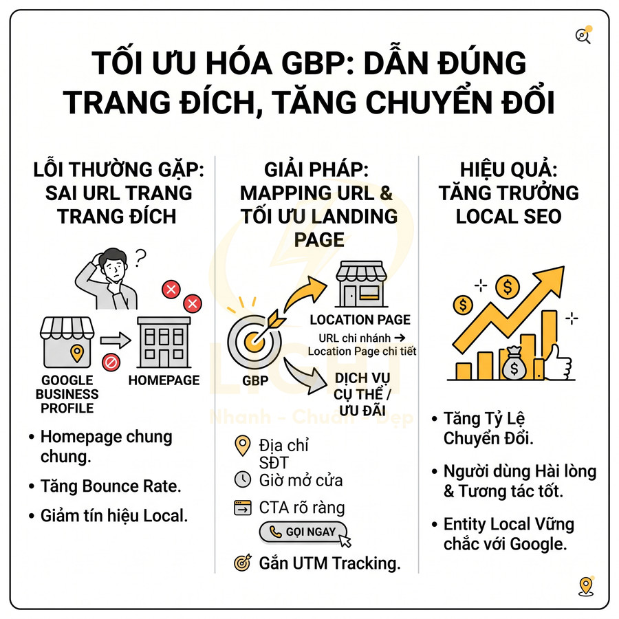 Infographic tối ưu hóa Google Business Profile dẫn đúng URL trang đích để tăng chuyển đổi và tăng trưởng Local SEO