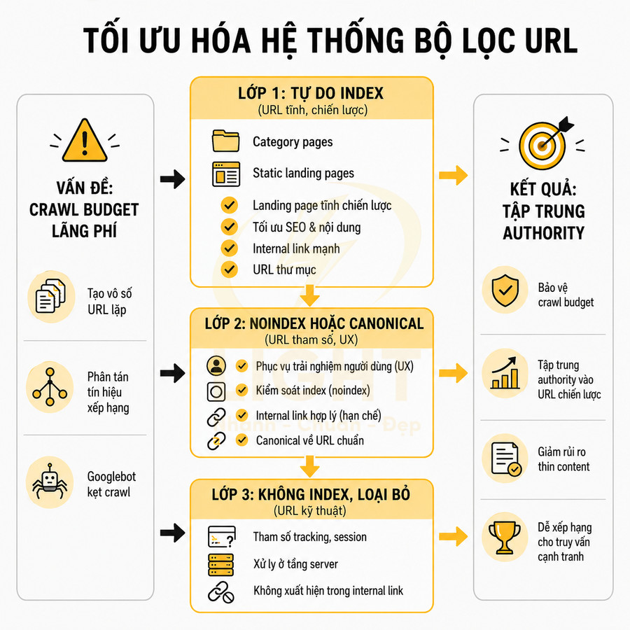 Infographic tối ưu hóa hệ thống bộ lọc URL trong SEO với 3 lớp index và quản lý crawl budget