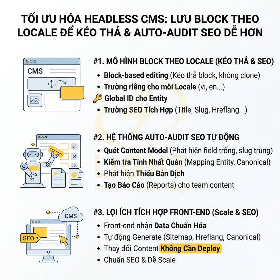 Mô tả tối ưu hóa headless CMS với block theo locale, auto audit SEO và lợi ích tích hợp front end