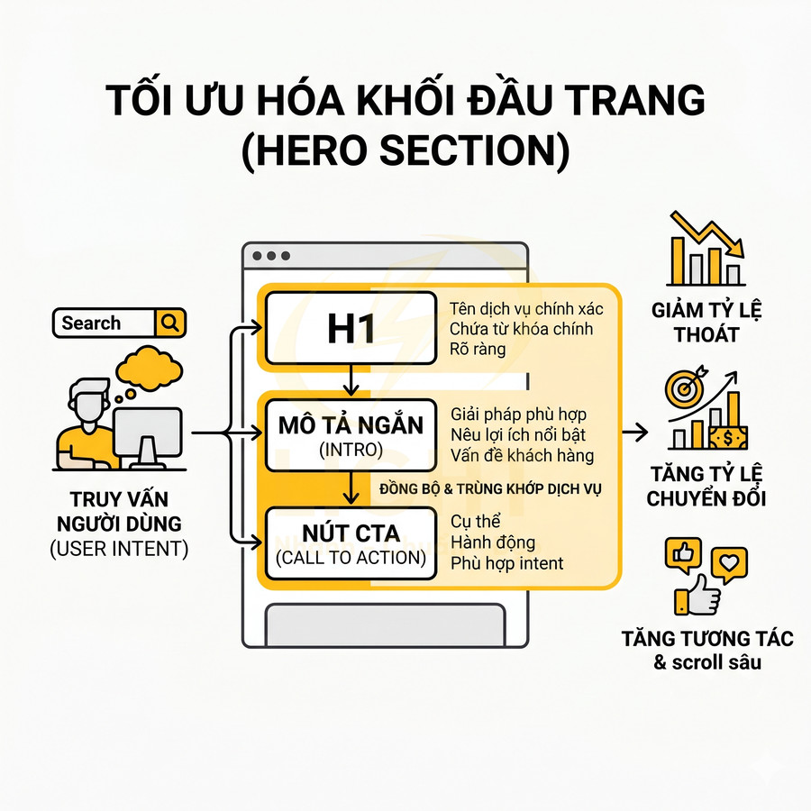 Mô hình tối ưu hóa hero section với H1, mô tả ngắn và nút CTA để tăng chuyển đổi và giảm tỷ lệ thoát
