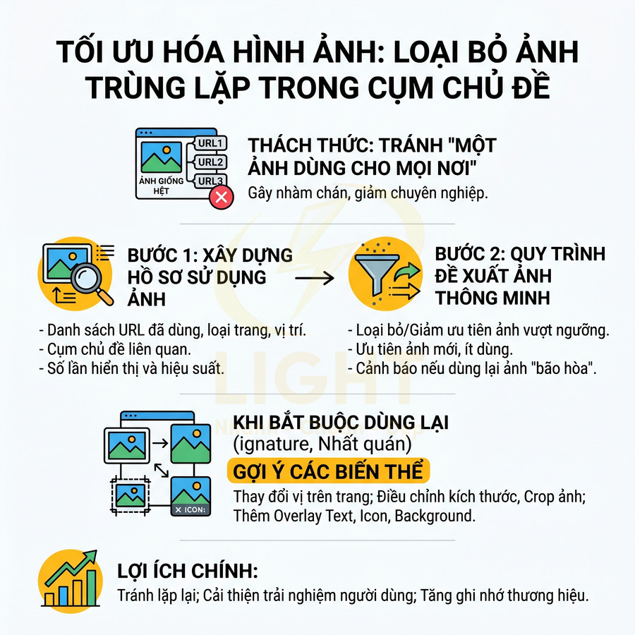 Hướng dẫn tối ưu hóa hình ảnh loại bỏ ảnh trùng lặp trong cụm chủ đề và gợi ý biến thể ảnh