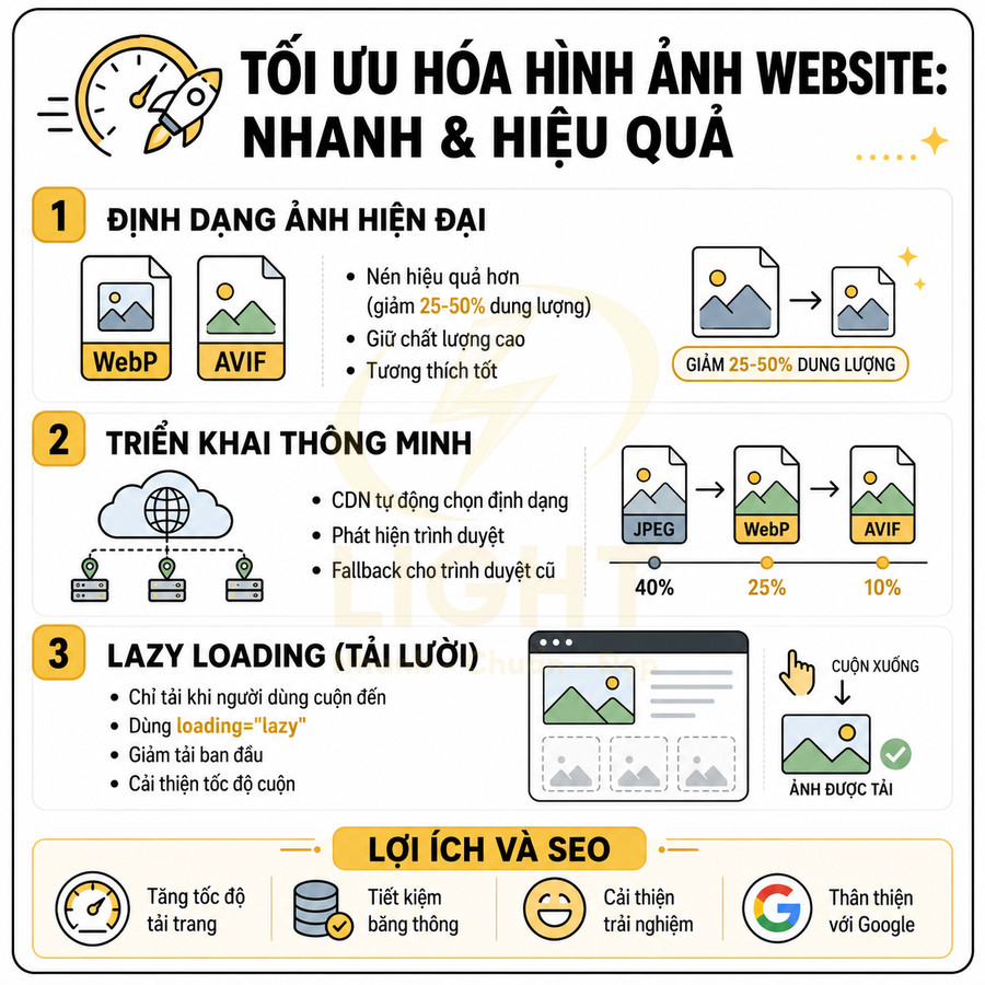 Hướng dẫn tối ưu hóa hình ảnh website với WebP AVIF lazy loading và triển khai CDN thông minh