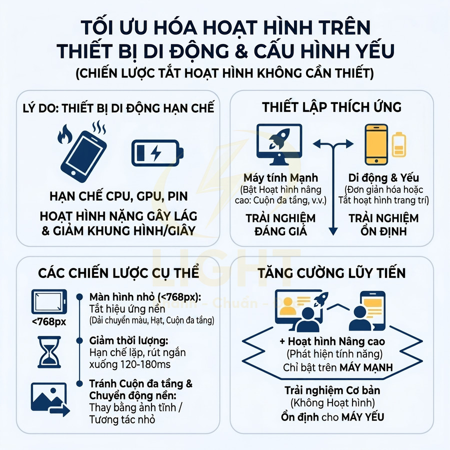 Infographic tối ưu hóa hoạt hình trên thiết bị di động và cấu hình yếu với các chiến lược tắt hiệu ứng nặng
