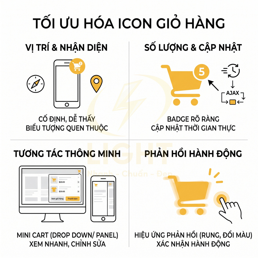 Hướng dẫn tối ưu hóa icon giỏ hàng trên website với vị trí, badge số lượng, mini cart và hiệu ứng phản hồi