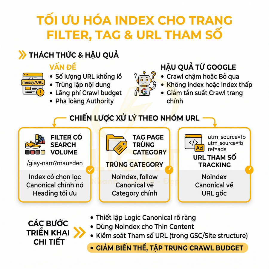 Infographic tối ưu hóa index cho trang filter tag và URL tham số nhằm giảm trùng lặp và tiết kiệm crawl budget
