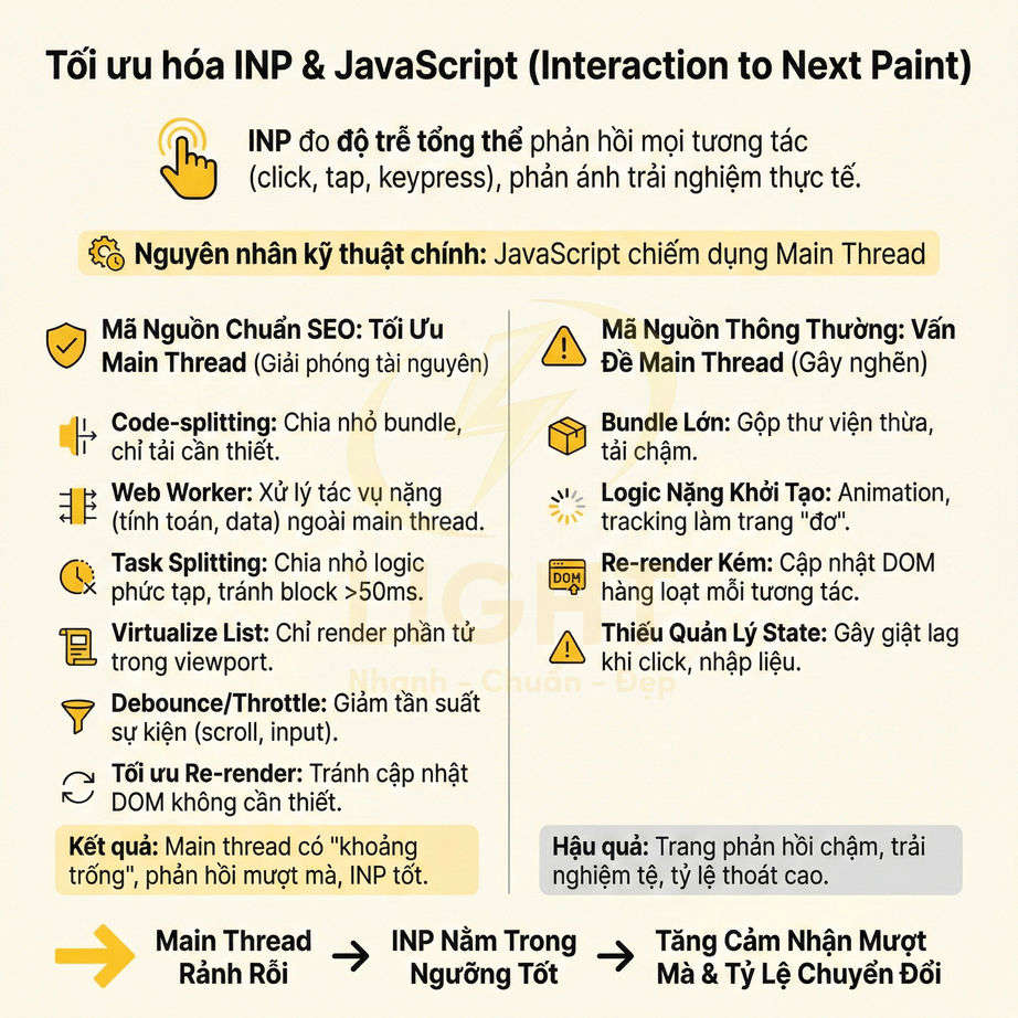 Hướng dẫn tối ưu INP và JavaScript cho SEO, so sánh giải pháp tối ưu main thread với các vấn đề gây nghẽn trang web