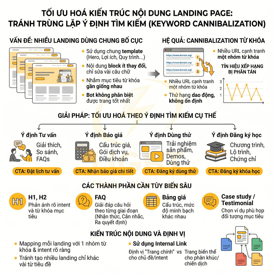 Infographic tối ưu hóa kiến trúc nội dung landing page để tránh trùng lặp ý định tìm kiếm và cannibalization từ khóa