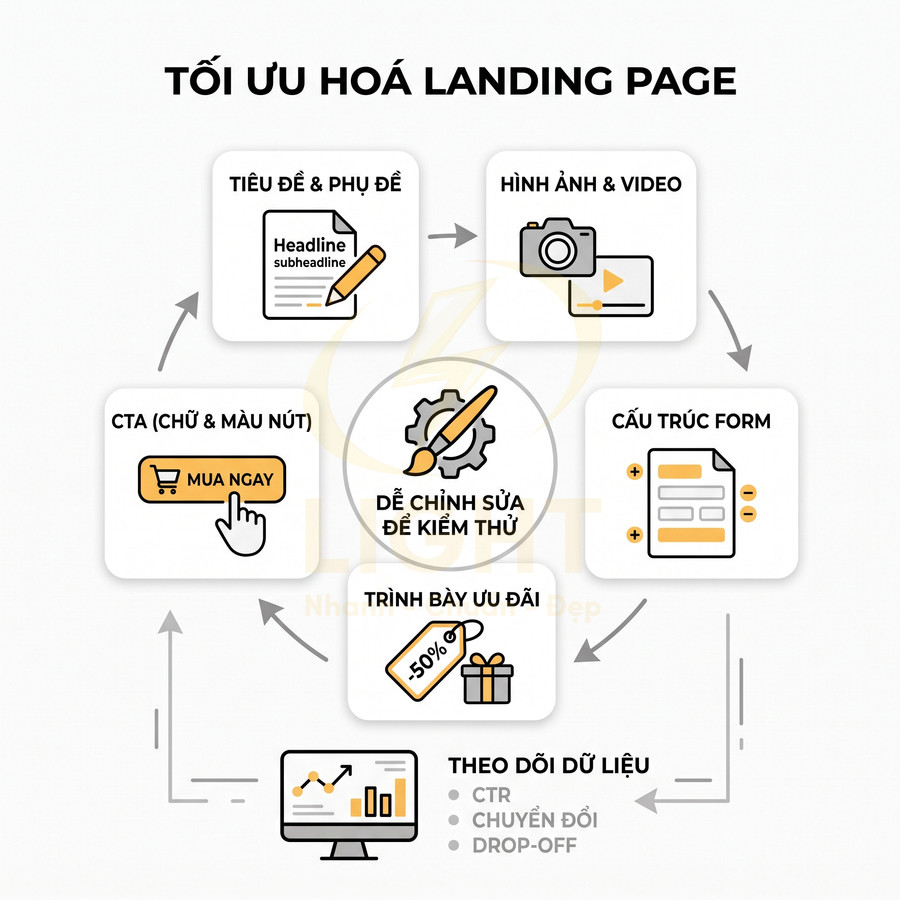 Sơ đồ các bước tối ưu hóa landing page với tiêu đề, hình ảnh, CTA, cấu trúc form, ưu đãi và theo dõi dữ liệu