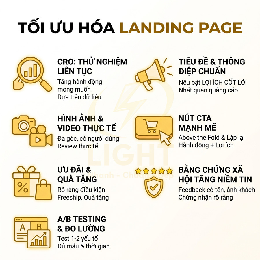 Infographic tối ưu hóa landing page với các yếu tố CRO, CTA mạnh, ưu đãi, A/B testing và bằng chứng xã hội