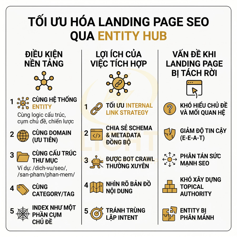 Infographic tối ưu hóa landing page SEO qua Entity Hub với điều kiện nền tảng, lợi ích và vấn đề khi tách rời