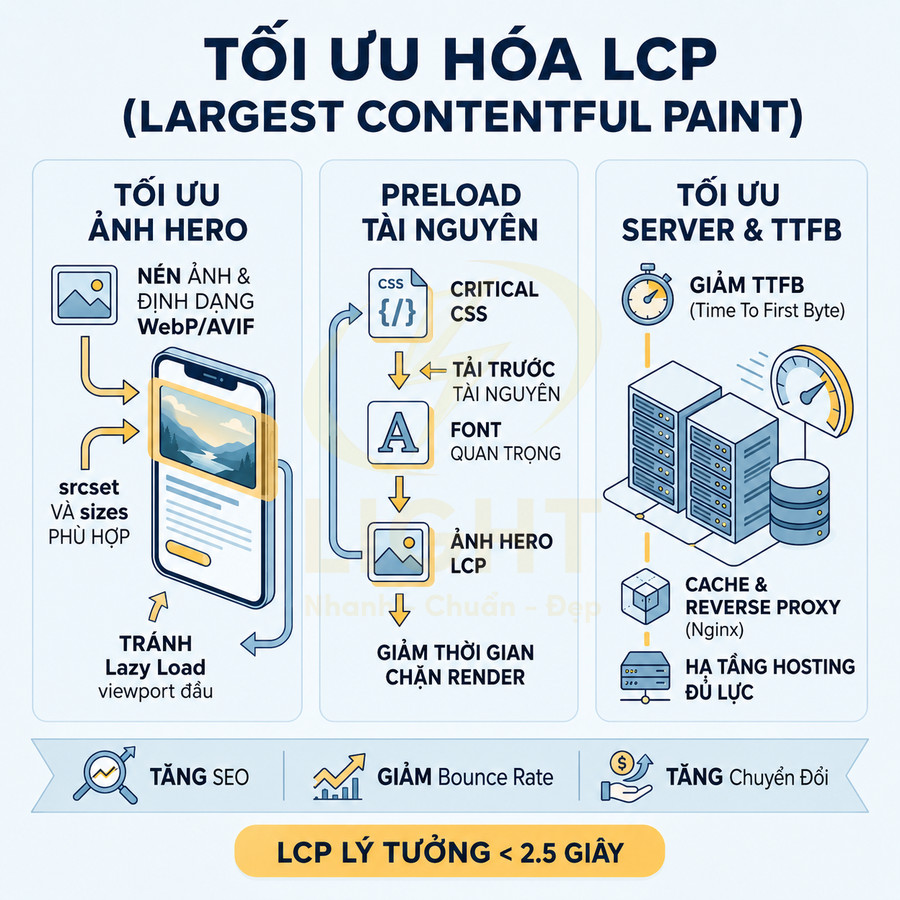 Infographic hướng dẫn tối ưu LCP cho website với tối ưu ảnh hero, preload tài nguyên và tối ưu server TTFB