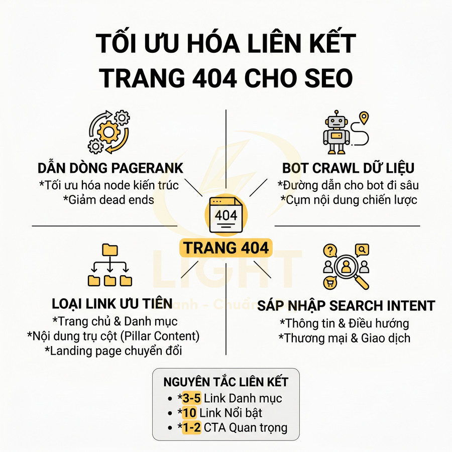 Hướng dẫn tối ưu hóa liên kết trang 404 cho SEO với các loại link ưu tiên và nguyên tắc liên kết