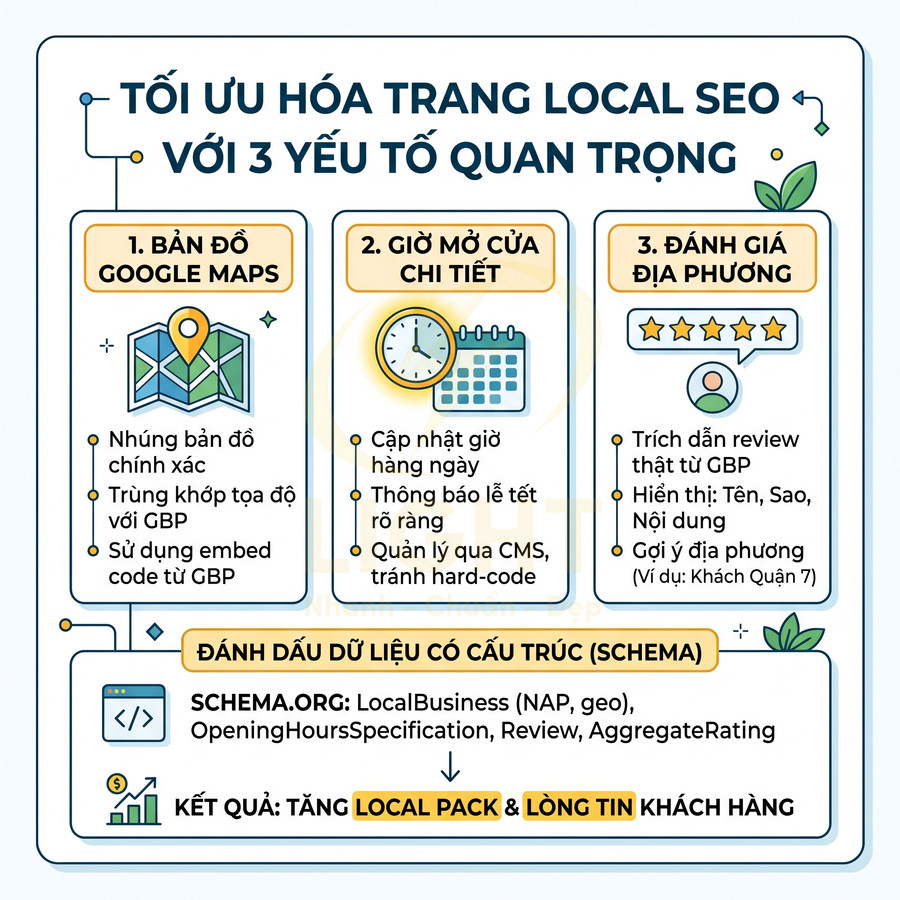 Infographic tối ưu hóa trang local SEO với bản đồ Google Maps, giờ mở cửa chi tiết và đánh giá địa phương