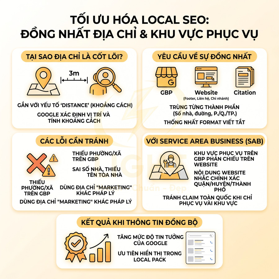 Infographic hướng dẫn tối ưu Local SEO bằng cách đồng nhất địa chỉ và khu vực phục vụ trên Google Business Profile và website