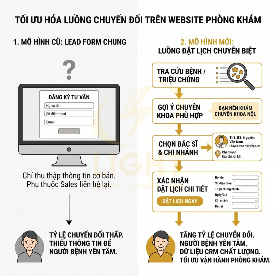 Infographic tối ưu hóa luồng chuyển đổi đặt lịch khám trên website phòng khám với form tư vấn và đặt lịch chi tiết
